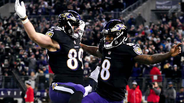 Baltimore Ravens tight end Mark Andrews and quarterback Lamar Jackson